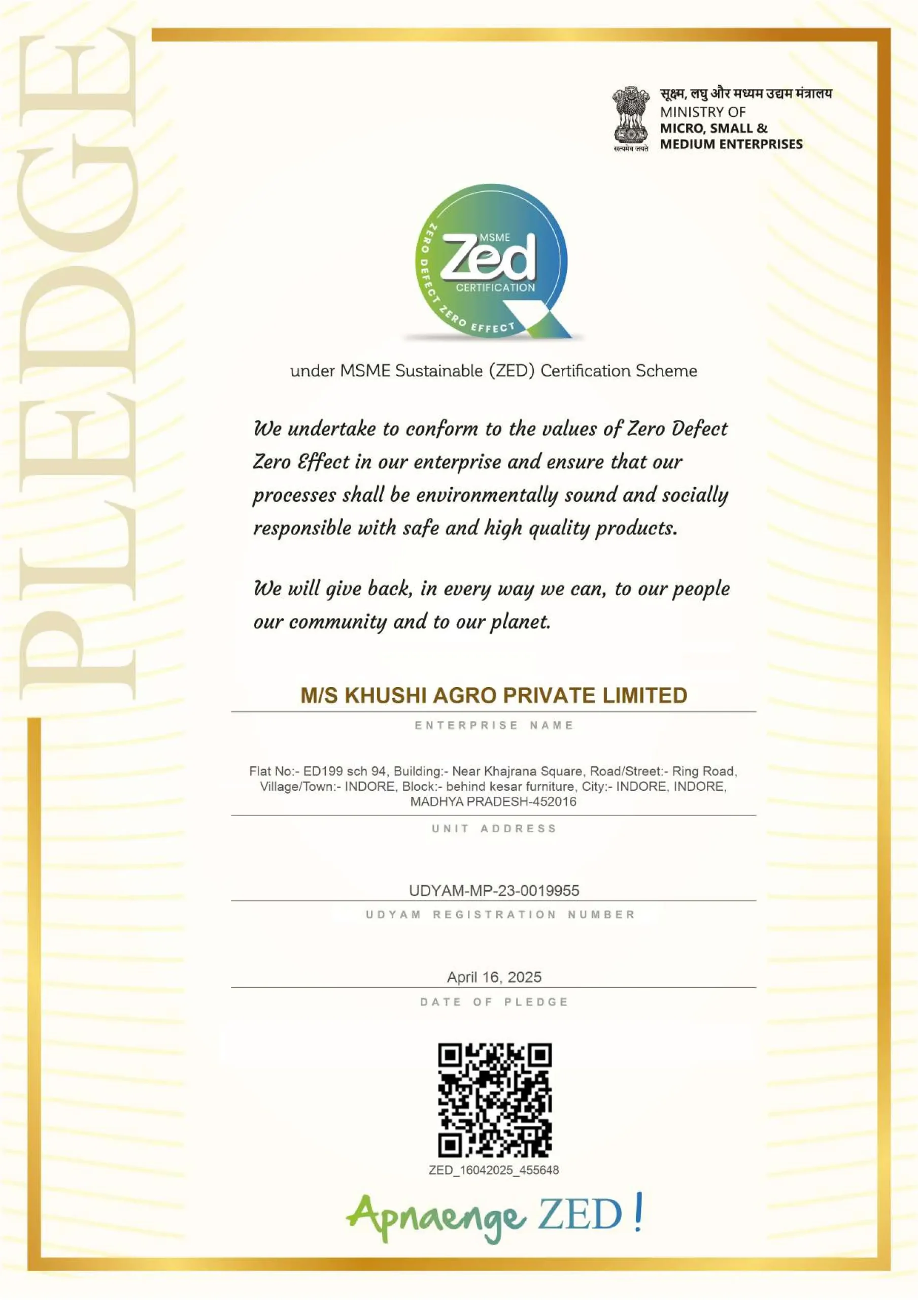 MSME Zed Certification-Pledge Khushi Agro Private Limited Dawn lee